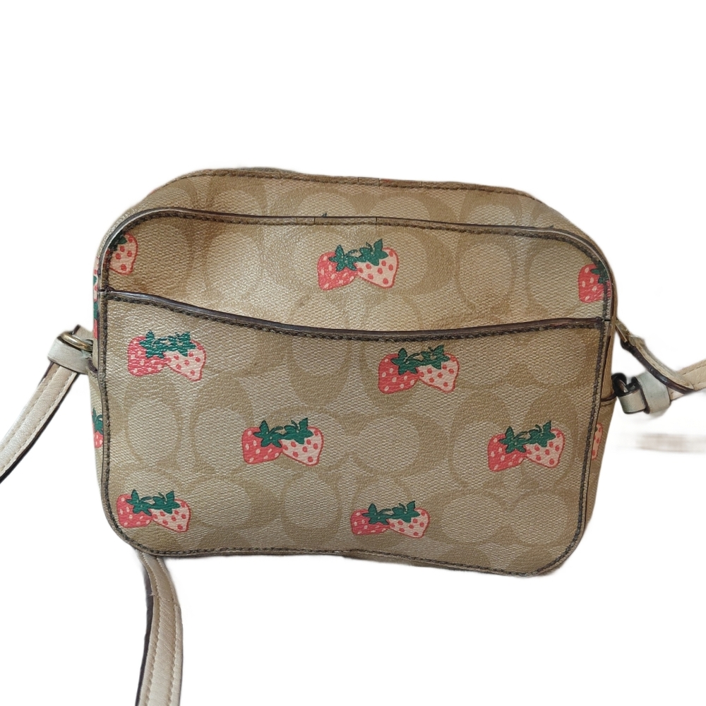 Coach Jaimie Mini Camera Bag Tan Crossbody Bag with Wild Strawberry Design - Picture 2 of 16